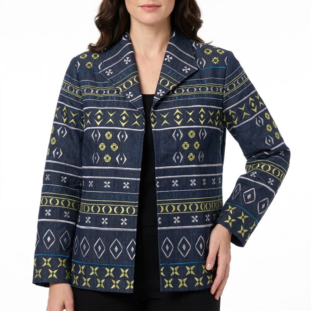 Liz & Me Blue Geometric Lined Embroidered Jacket Women Plus Size 1X